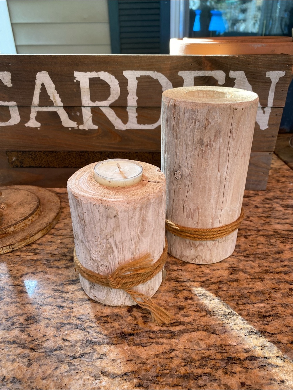 Rustic Wood Pillar Candle Holders with Twine - Whitewashed